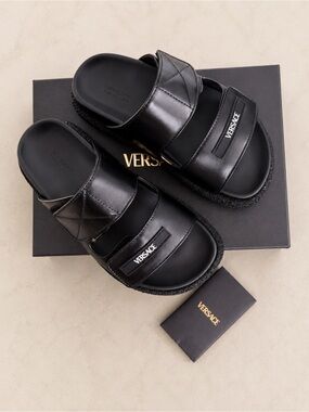 Versace Black Leather Double-Strap Slide Sandals